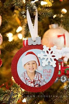 a christmas ornament hanging from a tree