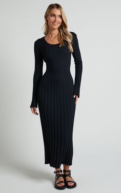 Blaire Midi Dress - Long Sleeve Tie Back Flare Dress in Black | Showpo USA Sleek Long Sleeve Dress For Fall, Evening Long Sleeve Ribbed Sweater Dress, Long Sleeve Ribbed Evening Maxi Dress, Evening Ribbed Long Sleeve Sweater Dress, Evening Ribbed Sweater Dress With Long Sleeves, Chic Fall Dress With Scoop Neck, Long Sleeve Viscose Maxi Dress For Fall, Black Long Sleeve Viscose Dress, Long Viscose Dress For Fall