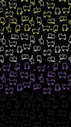 a black background with colorful cats and dogs on it's side, all in different colors