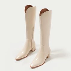 Offwhite Real Leather Women Boot - New/Never Worn White Wide Calf Boots With Block Heel, Casual White Square Toe Boots, Cream Round Toe Boots For Office, White Round Toe Boots For Office, Chic White Boots With Wide Calf, Cream Round Toe Office Boots, White Pointed Toe Boots For Office, Chic White Wide Calf Boots, White Winter Boots For Work