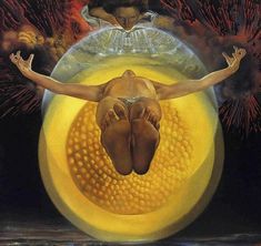 a painting of a woman laying on top of an egg with her hands in the air