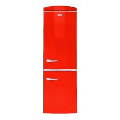 a red refrigerator freezer sitting on top of a white wall