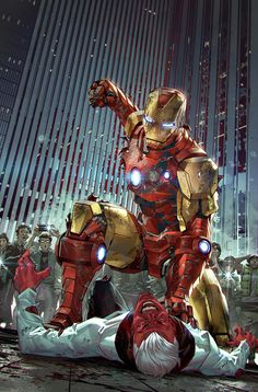 an iron man laying on the ground in front of a group of people with glowing eyes