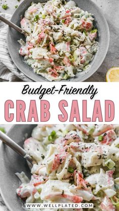 crab salad in a bowl with lemon wedges on the side and text overlay that reads budget - friendly crab salad