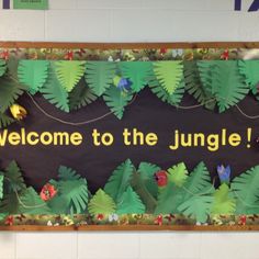 a welcome to the jungle bulletin board in a school hallway with green leaves and flowers