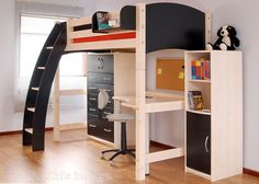 a loft bed with desk underneath it in a room