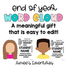 the end of year word cloud poster is shown with two people in different colors and font