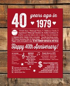 an anniversary card with the words forty years ago in red and white on wood background