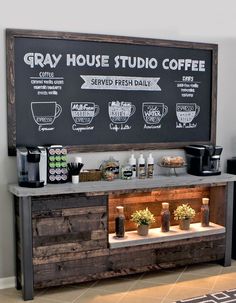 a small coffee shop with a chalkboard on the wall above it and various types of coffee