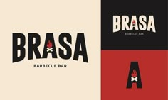 the logo for brasa barbecue bar is shown in three different colors and font styles