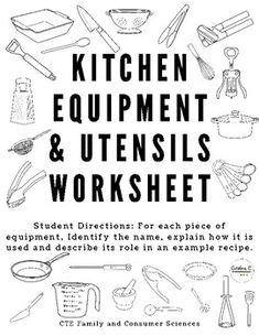 the kitchen equipment and utensils worksheet is shown in black on a white background