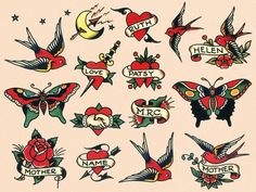 an old school tattoo flash sheet with lots of different tattoos on it, including roses and butterflies