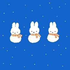 three white rabbits wearing scarves and scarfs on a blue background with snowflakes