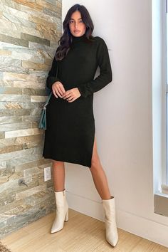 Lulus Exclusive! Be the trendiest babe in the room with the Lulus Snuggled Up Black Knit Turtleneck Midi Sweater Dress! Super soft lightweight knit shapes this cozy sweater dress with a turtleneck, cuffed long sleeves, and a relaxed bodice that ends at a modest midi hem with twin side slits. Pair this cozy number with chic ankle booties for a fall fashion approved look! Fit: This garment fits true to size. Length: Knee Length. Size small measures 40.25" from shoulder to hem. Bust: Great for any Turtleneck Sweater Dress Outfit, Black Sweater Dress Outfit, Black Knit Turtleneck, Beige Sweater Dress, Cozy Sweater Dress, Midi Sweater Dress, Booties Outfit, Flowy Dresses