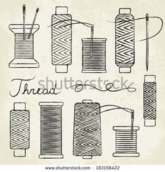 hand drawn thread spools and needles on a white background with the words thread