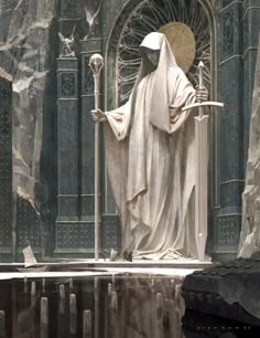 a statue of the virgin mary holding a cross in front of a church entrance with stained glass windows