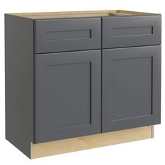 a gray cabinet with two doors and one drawer on the bottom, in front of a white background