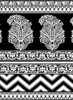 an ornate black and white pattern with trees on it's sides, in the middle of