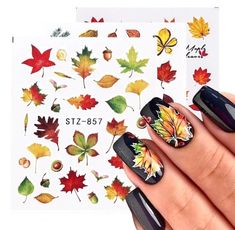 autumn nail stickers Fall Nails Leaves, Nails Leaves, Leaves Nail Art, Maquillage Halloween Simple, Line Nail Art, Quick Nail Art, Nail Water Decals, Star Nail Art