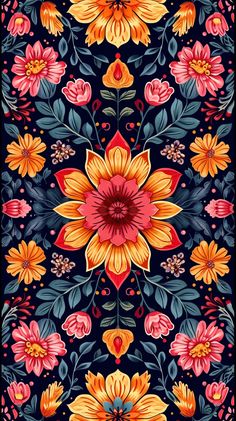 an ornate floral pattern with flowers and leaves on a dark background, suitable for wallpaper or fabric