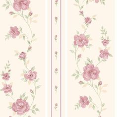 a wallpaper with pink flowers and green leaves on the side, along with vertical stripes