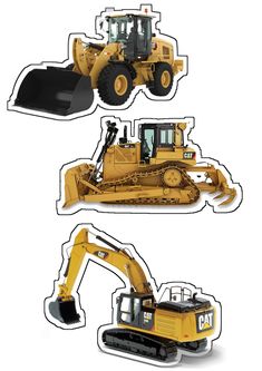 three different views of an excavator and bulldozer on a white background