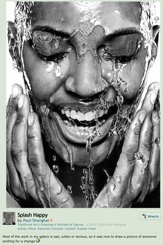 a black and white photo of a person with water on their face