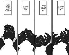 three panels showing the same person holding their hands up in front of each other, with words above them