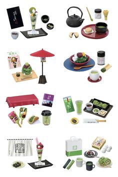 an assortment of japanese food items displayed on plates and trays with chopsticks