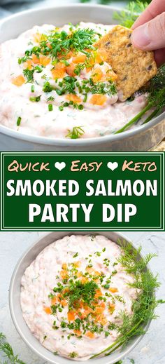 a bowl filled with smoked salmon dip and garnished with parsley on top