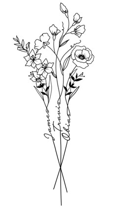 a black and white drawing of some flowers