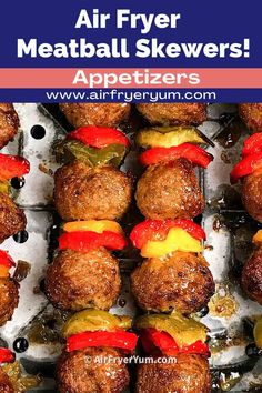 meatball skewers with peppers and pineapples on them are ready to be served