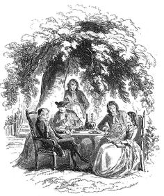 an old black and white drawing of people sitting at a table outside under a tree