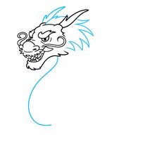 a drawing of a dragon's head with blue lines on the face and tail