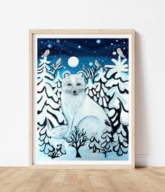 a painting of a white fox sitting in the snow