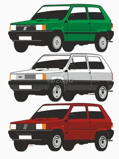 four different colored cars are shown in this drawing style, each with the same color scheme