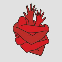 a drawing of a heart wrapped in a red cloth with hands coming out of it