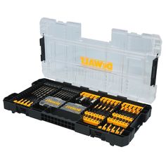 the dewder tool box is filled with screwdrives and other tools in it