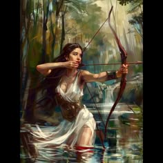 a painting of a woman holding a bow and arrow in the water with trees behind her