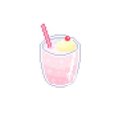 a pink drink with a straw and a cherry on the top is shown in pixel art style