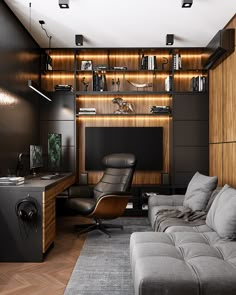 a living room filled with furniture and wooden shelves