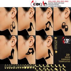 there are many pictures of different pairs of shoes and heels on the ear, all in black