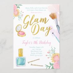 a birthday party card with flowers and makeup items on the front, in gold foil