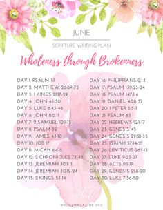 a pink flower with green leaves on it and the words, bible verses through brokenness