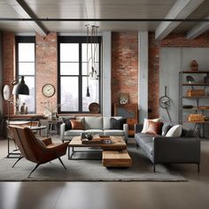 a living room filled with furniture and lots of windows next to a tall brick wall