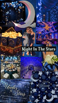 night in the stars collage with blue and gold decorations, gifts, and desserts