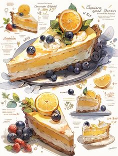 a drawing of a cake with blueberries and oranges on it, surrounded by other food items