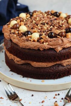 a chocolate cake topped with nuts and chocolate frosting on top of a white plate