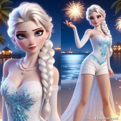 the frozen princess is posing on the beach with fireworks in her hair and white dress