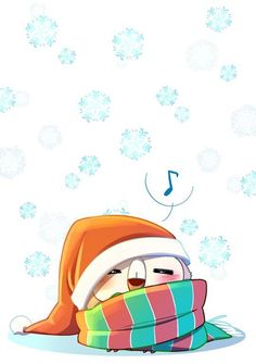 a cartoon character wearing a santa hat and scarf with snowflakes in the background